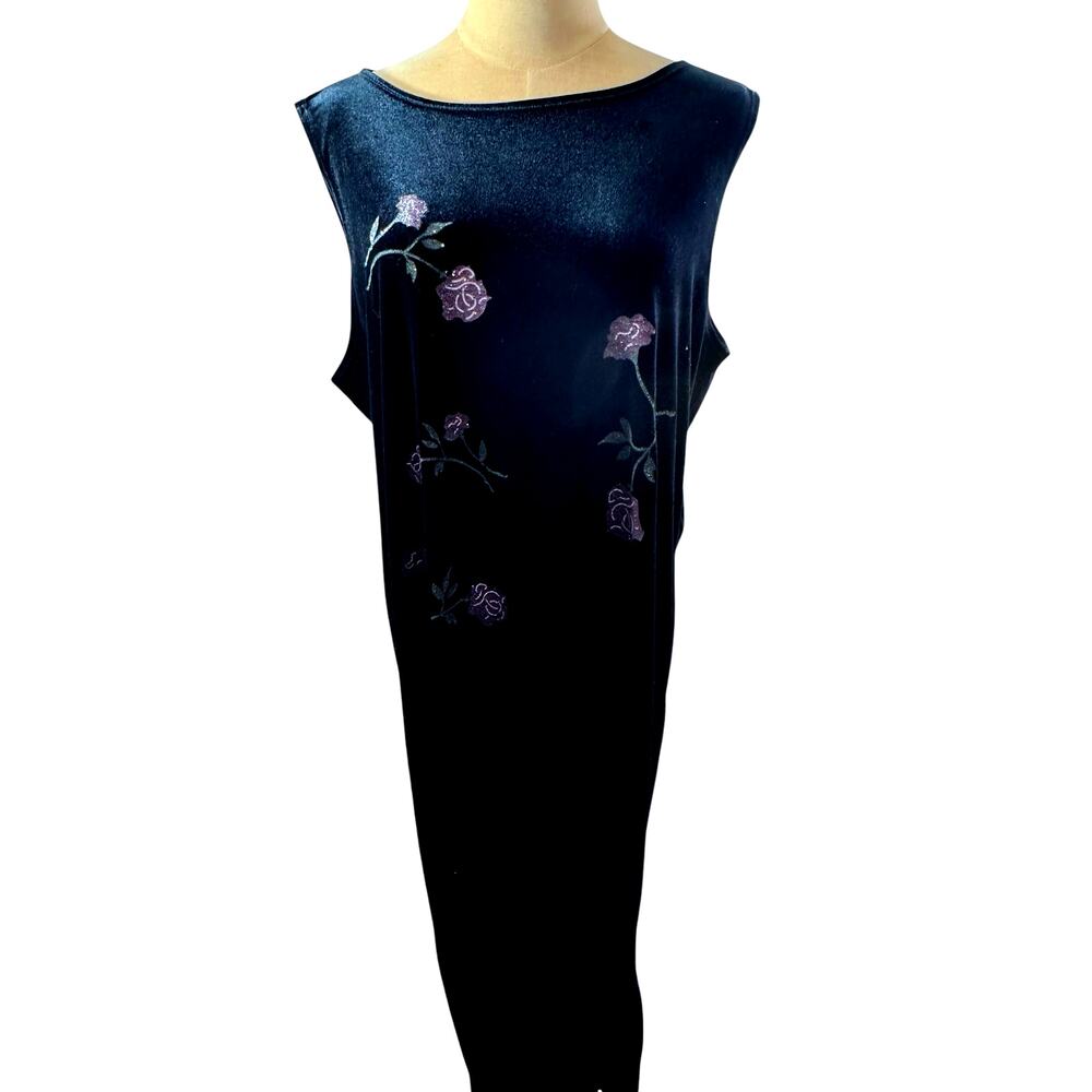 Y2K Black Velvet Dress Sparkly‎ Roses Dark Romance Vampire Goth Dark Fairy SZ XL
